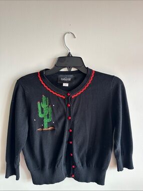 Collectif Black Cropped Cardigan with Green Cactus and Red Trim Medium